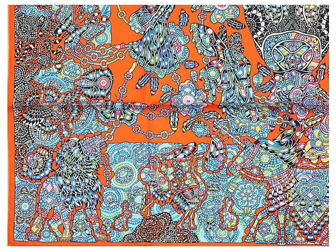 Hermès Carré La Légende de la Forêt 90cm Seta Arancione - vista 6
