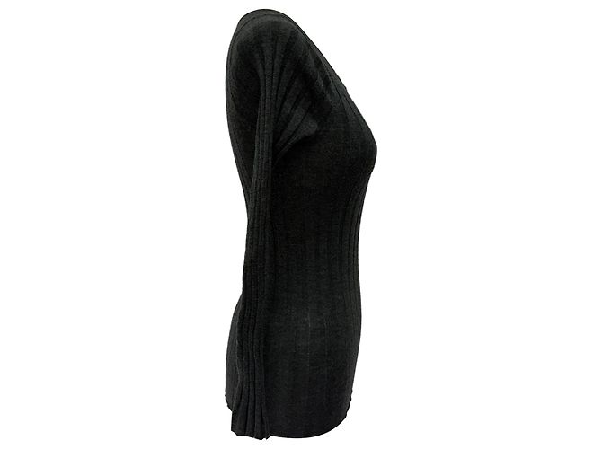 Totême V-Ausschnitt Rippstrickpullover aus grauer Wolle - Ansicht 2