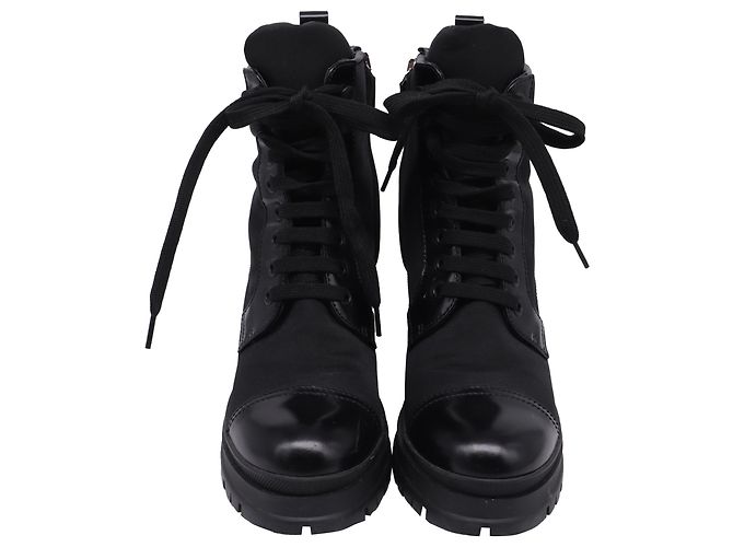 Stivaletti con lacci Prada Re-Nylon Metal Triangle in pelle nera Nero - vista 2