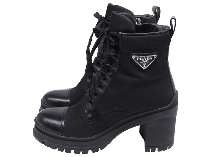 Stivaletti con lacci Prada Re-Nylon Metal Triangle in pelle nera Nero - vista 4