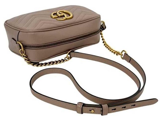 Borsa a tracolla con catena in pelle beige Gucci GG Marmont - vista 11