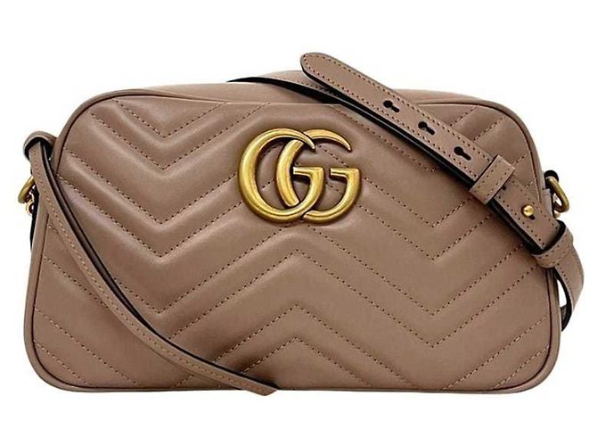 Borsa a tracolla con catena in pelle beige Gucci GG Marmont - vista 2