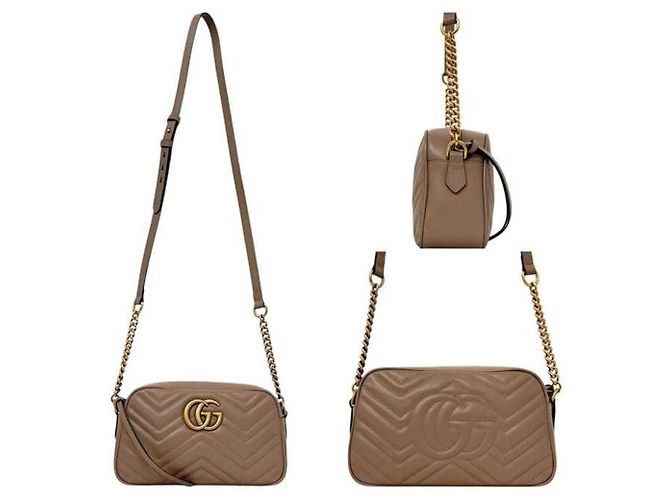 Borsa a tracolla con catena in pelle beige Gucci GG Marmont - vista 3