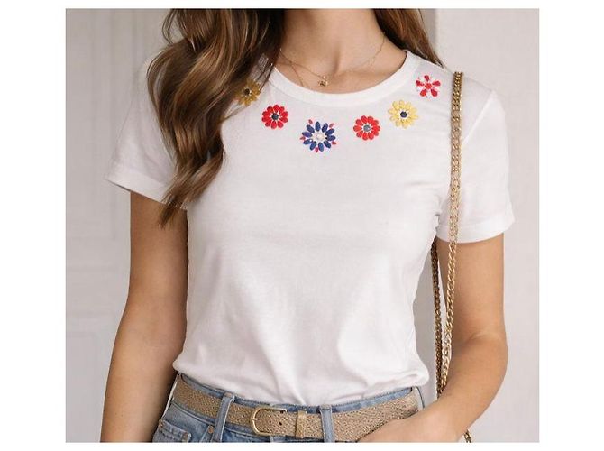 Camiseta Escada blanca de algodón con flores de strass Blanco Roja Azul Amarillo - vista 2