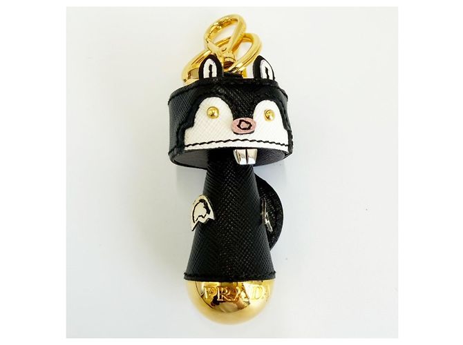 Prada Saffiano Leder Robot Beaver Anhänger Schwarz Weiß Golden - Ansicht 2
