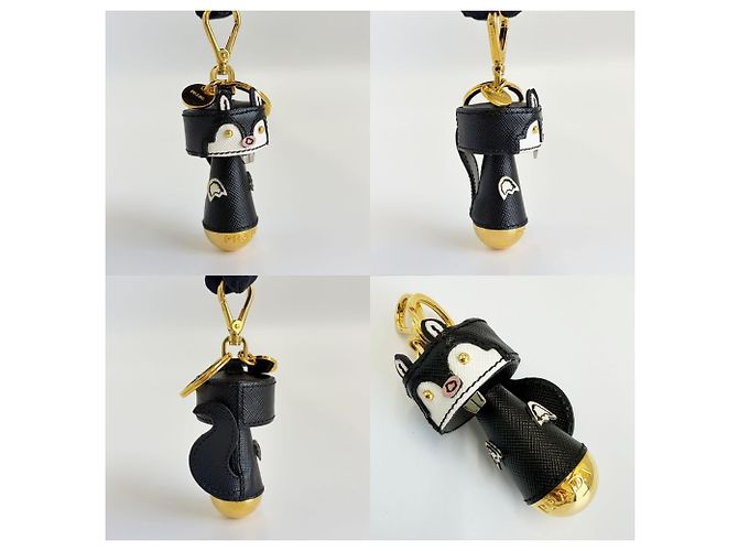 Prada Saffiano Leder Robot Beaver Anhänger Schwarz Weiß Golden - Ansicht 3