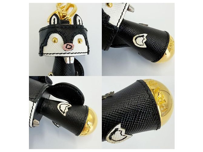 Prada Saffiano Leder Robot Beaver Anhänger Schwarz Weiß Golden - Ansicht 4