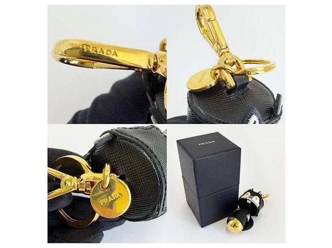 Prada Saffiano Leder Robot Beaver Anhänger Schwarz Weiß Golden - Ansicht 5