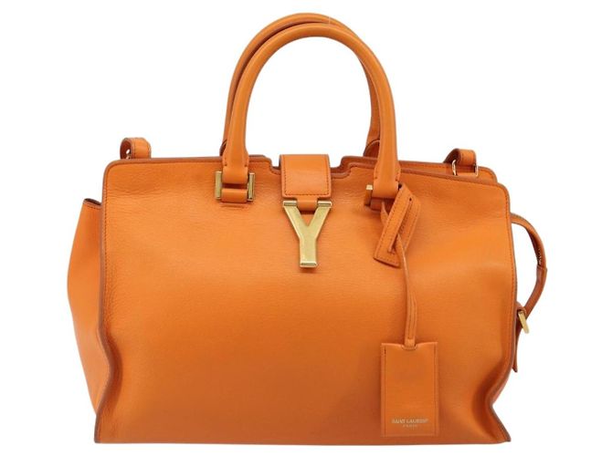 SAINT LAURENT Cabas Mini Hand Bag Leather 2way Orange Gold Auth 185950A D'oro Arancione - vista 13