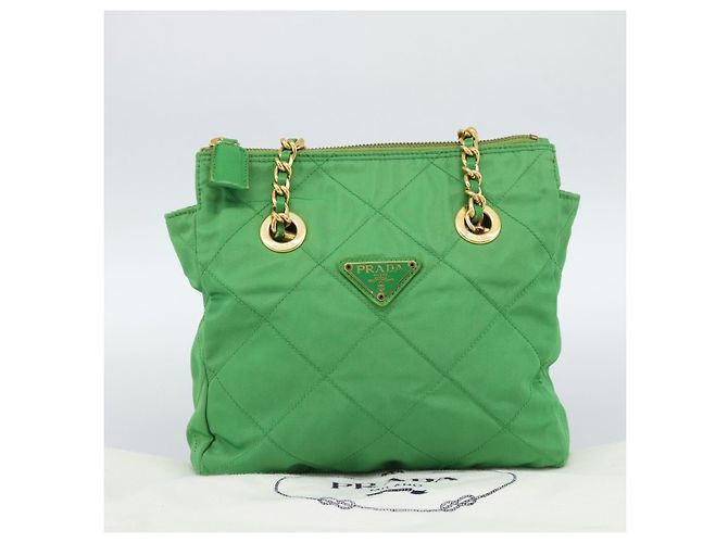 Borsa a Spalla con Catena PRADA Nylon Verde Oro Auth 186013A D'oro - vista 12