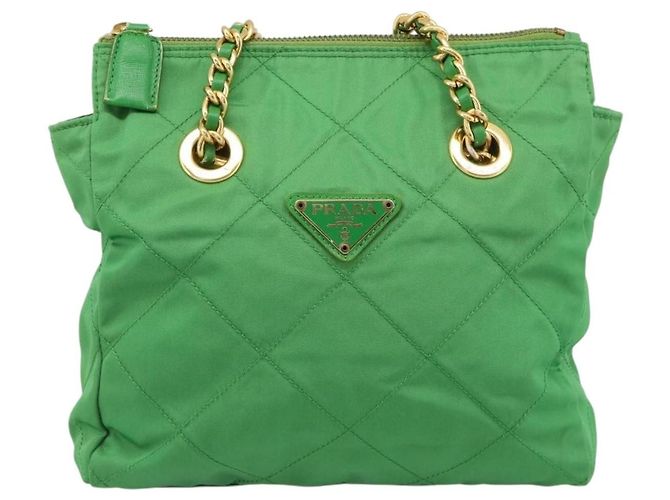 Borsa a Spalla con Catena PRADA Nylon Verde Oro Auth 186013A D'oro - vista 13
