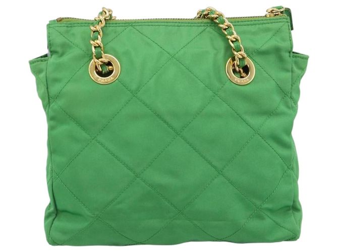 Borsa a Spalla con Catena PRADA Nylon Verde Oro Auth 186013A D'oro - vista 2
