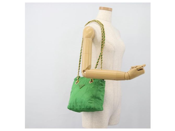 Borsa a Spalla con Catena PRADA Nylon Verde Oro Auth 186013A D'oro - vista 25