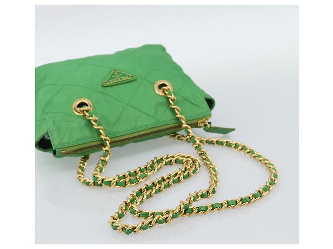 Borsa a Spalla con Catena PRADA Nylon Verde Oro Auth 186013A D'oro - vista 7