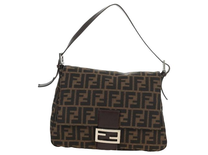 FENDI Zucca Canvas Mamma Baguette Shoulder Bag Black Brown Auth 185309M Marrone Nero - vista 13