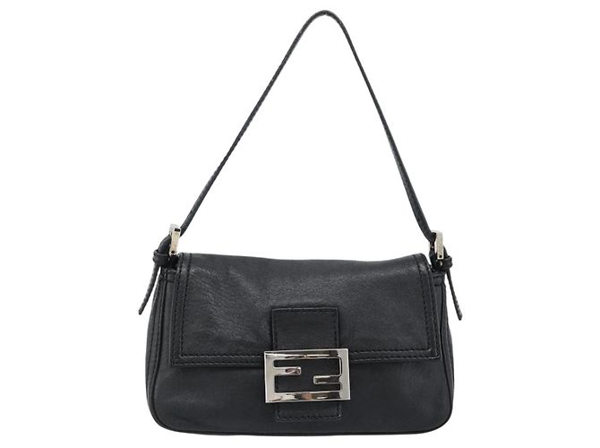 Bolsa de Ombro FENDI Mamma Baguette em Couro Preto Prata Autêntica 187091SAM - vista 13