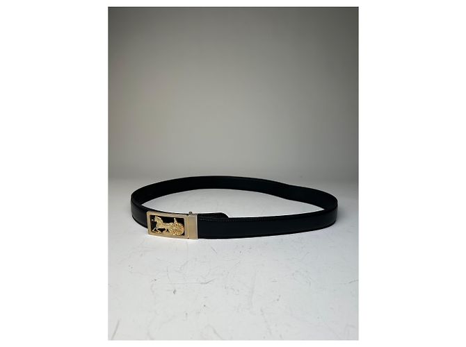 Céline Vintage Celine Ledergürtel Schwarz mit goldener Kutsche und Pferd Schnalle - Ansicht 10