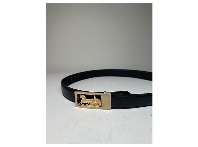 Céline Vintage Celine Ledergürtel Schwarz mit goldener Kutsche und Pferd Schnalle - Ansicht 4