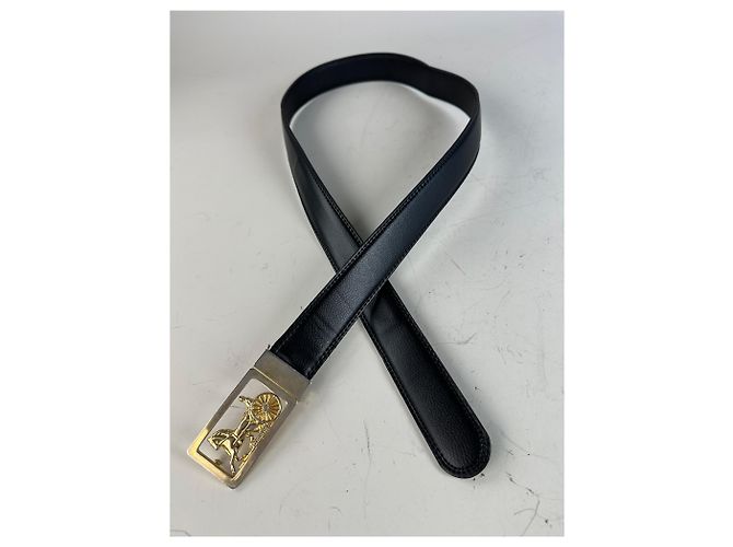 Céline Vintage Celine Ledergürtel Schwarz mit goldener Kutsche und Pferd Schnalle - Ansicht 6