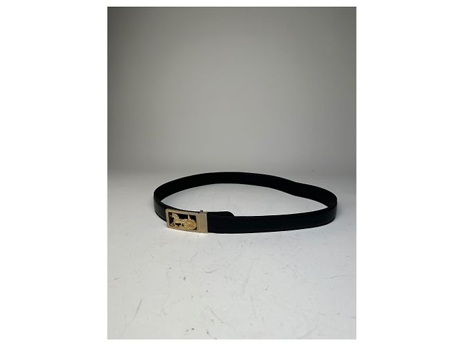 Céline Vintage Celine Ledergürtel Schwarz mit goldener Kutsche und Pferd Schnalle - Ansicht 8