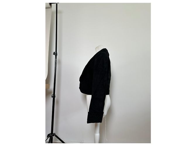 Chloé Vintage Chloe Wildlederjacke mit Kunstpelzkragen Schwarz L - Ansicht 2