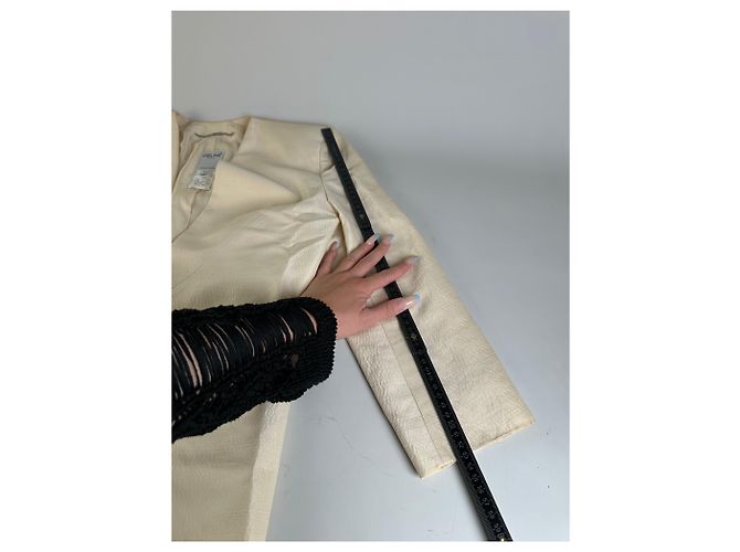 Céline Vintage Celine Satin-Seidenmantel Creme mit silbernen Ketten-Details M Beige - Ansicht 10