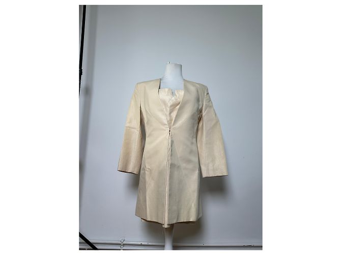 Céline Vintage Celine Satin-Seidenmantel Creme mit silbernen Ketten-Details M Beige - Ansicht 11
