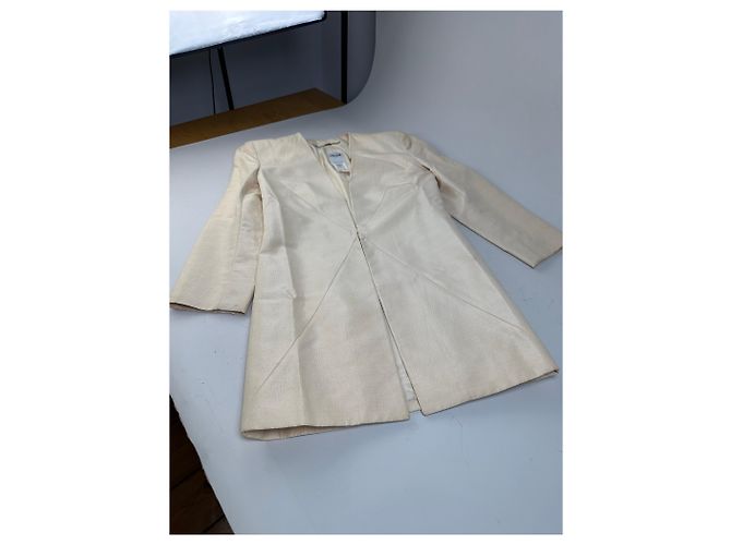 Céline Vintage Celine Satin-Seidenmantel Creme mit silbernen Ketten-Details M Beige - Ansicht 6