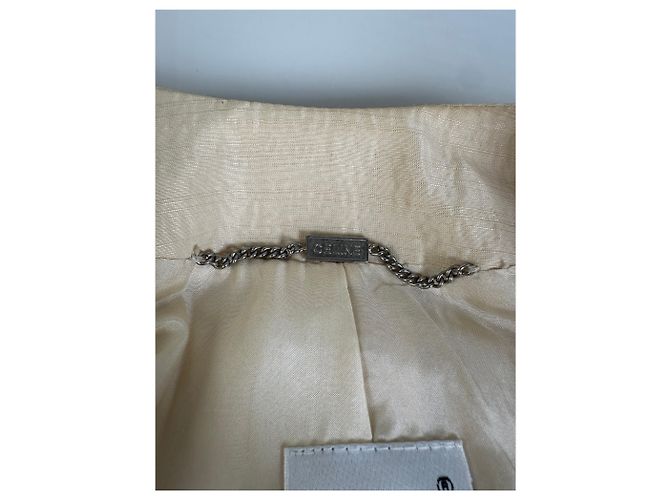 Céline Vintage Celine Satin-Seidenmantel Creme mit silbernen Ketten-Details M Beige - Ansicht 7