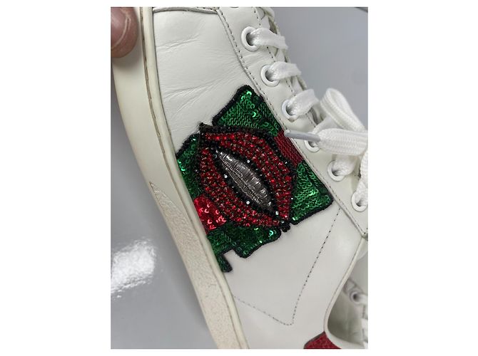 Gucci Ace Baskets en cuir avec application lèvres Blanc Rouge Vert Métallisé - vue 13