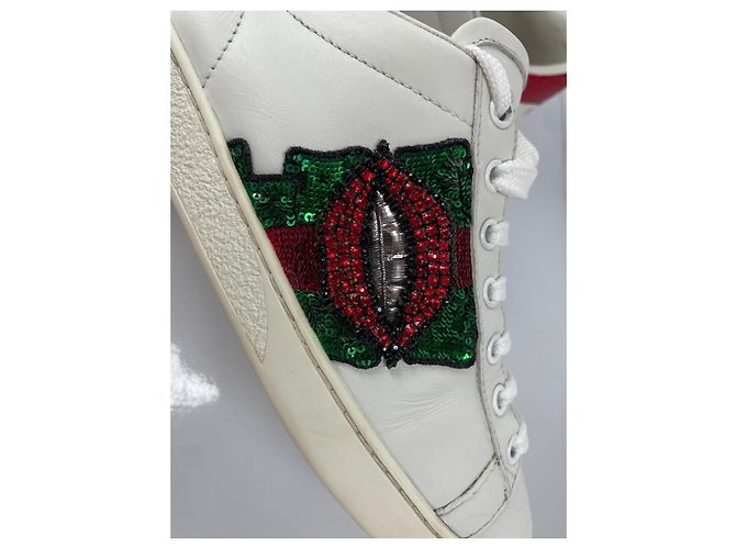 Gucci Ace Baskets en cuir avec application lèvres Blanc Rouge Vert Métallisé - vue 14