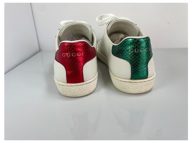 Gucci Ace Baskets en cuir avec application lèvres Blanc Rouge Vert Métallisé - vue 4