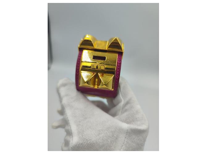 Hermès Collier de Chien bracciale coccodrillo rosa e oro D'oro - vista 3