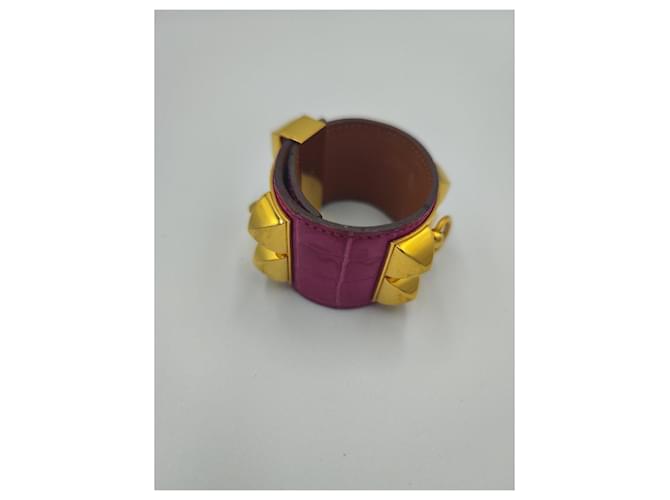 Hermès Collier de Chien bracciale coccodrillo rosa e oro D'oro - vista 4
