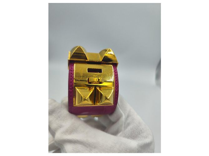 Hermès Collier de Chien bracciale coccodrillo rosa e oro D'oro - vista 5
