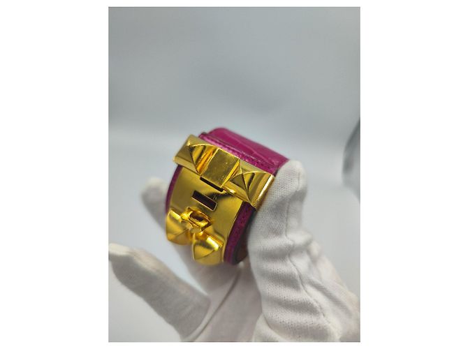 Hermès Collier de Chien bracciale coccodrillo rosa e oro D'oro - vista 7