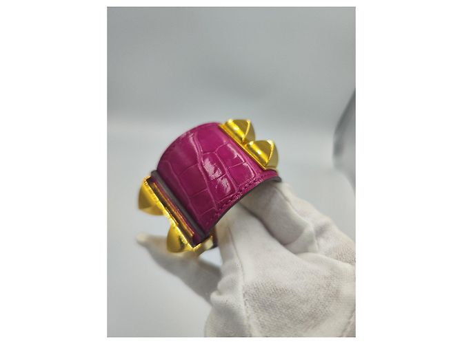 Hermès Collier de Chien bracciale coccodrillo rosa e oro D'oro - vista 8