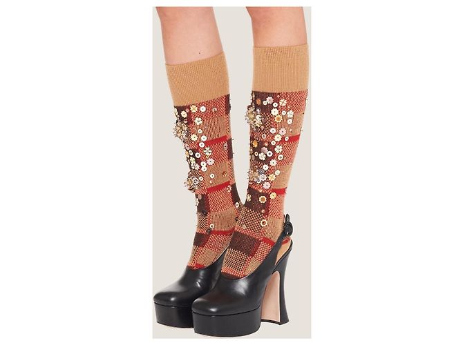 Miu Miu Calcetines altos de cuadros con adornos Fall 2009 Castaño Roja Beige - vista 2