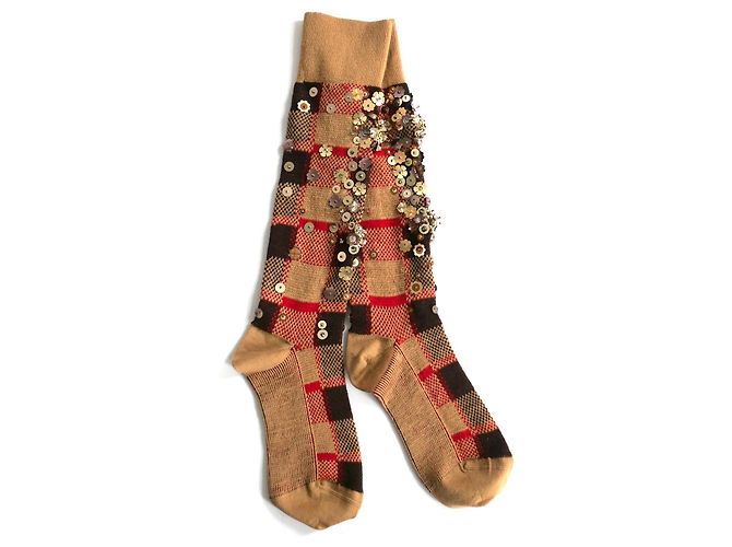 Miu Miu Calcetines altos de cuadros con adornos Fall 2009 Castaño Roja Beige - vista 6