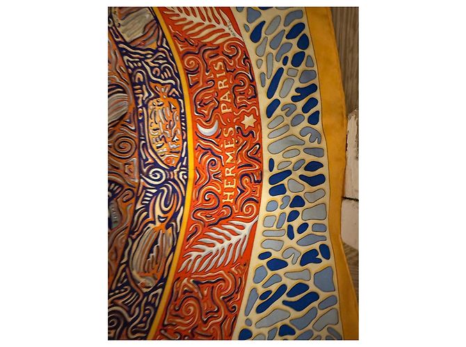 Hermès Sciarpa di seta "La Légende du Poisson Corail" Bianco Blu Arancione Grigio Giallo - vista 3