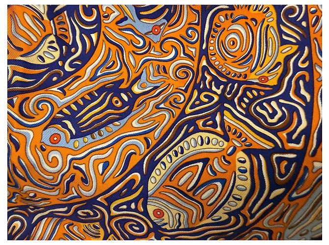 Hermès Sciarpa di seta "La Légende du Poisson Corail" Bianco Blu Arancione Grigio Giallo - vista 9