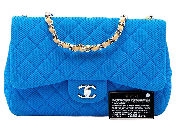 Chanel Blue Jumbo Classic Perforated Jersey Single Flap - vista 7