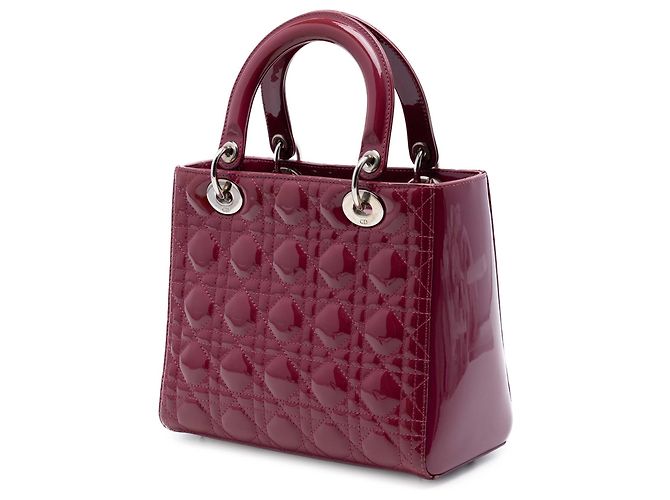 Lady Dior Cannage in vernice rosso, misura Medium Bordò - vista 2