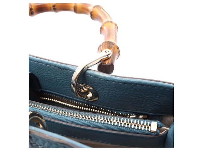 Borsa Gucci Blue Medium Calfskin Bamboo Shopper - vista 5