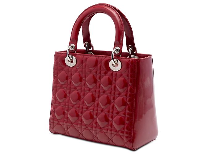 Lady Dior Cannage in vernice rosso, misura Medium Bordò - vista 2