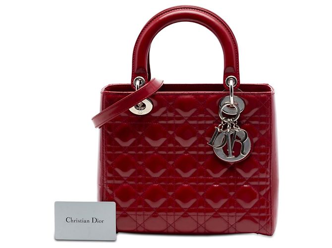 Lady Dior Cannage in vernice rosso, misura Medium Bordò - vista 7