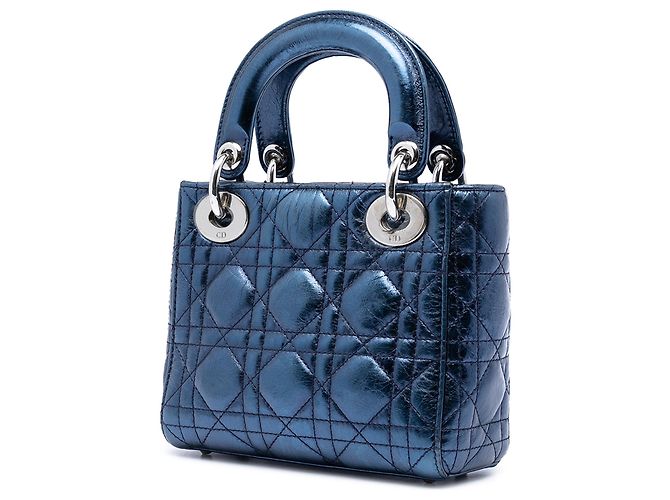 Lady Dior mini in agnello metallizzato blu con effetto cannage Blu navy - vista 2