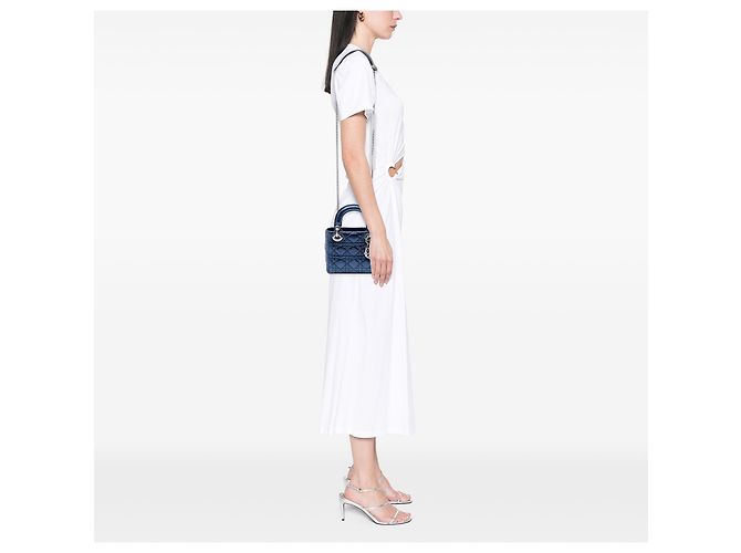 Lady Dior mini in agnello metallizzato blu con effetto cannage Blu navy - vista 6