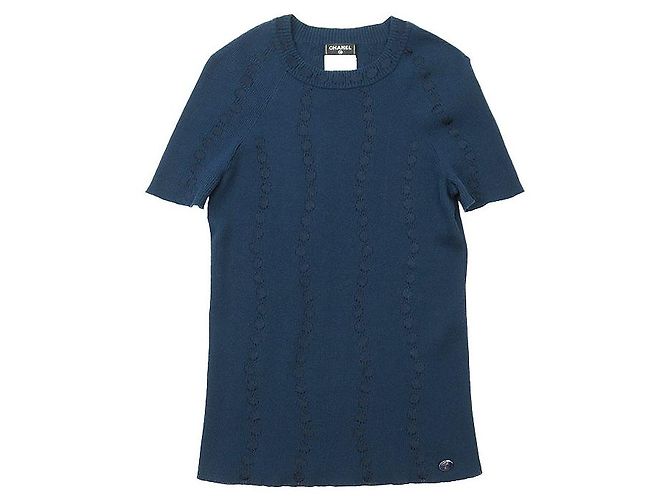 Timeless Suéter de manga corta de algodón y lino Chanel Azul Azul marino - vista 8
