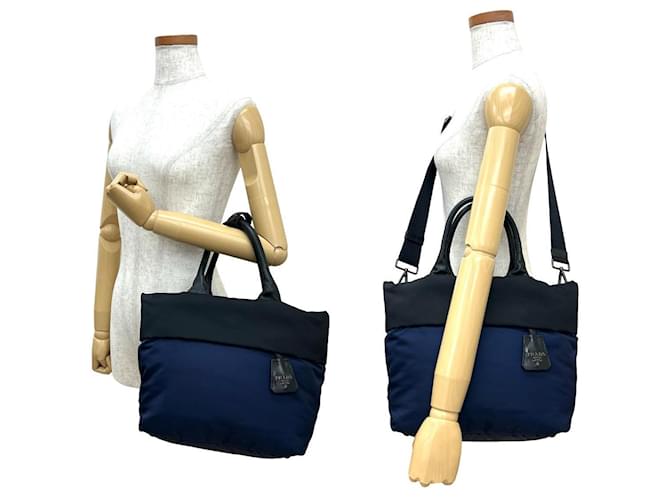 Borsa 2way in nylon e pelle Prada Nero Blu navy - vista 3